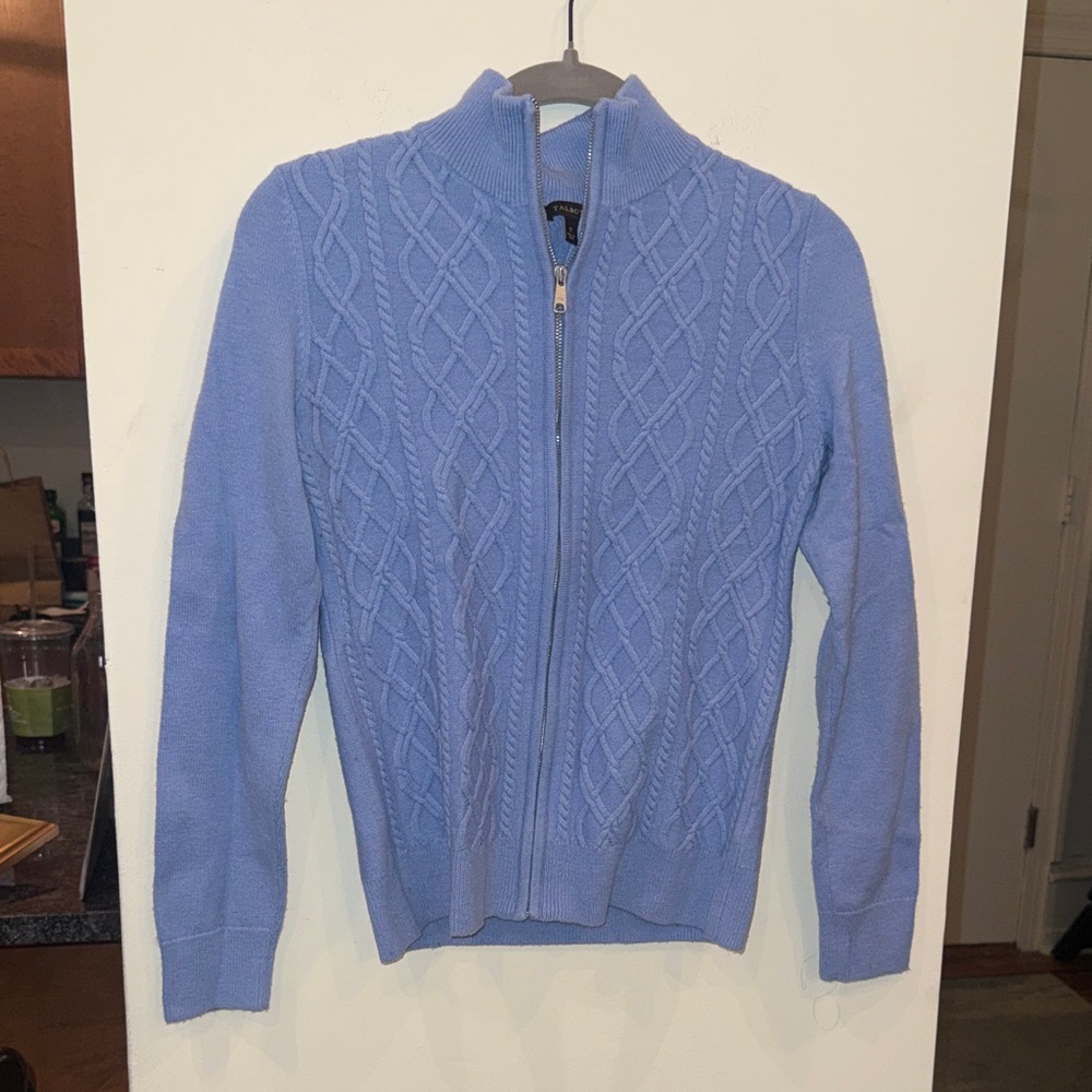 Talbots Blue Cable Knit Zip-Up Ski style Sweater lambswool blend size SM